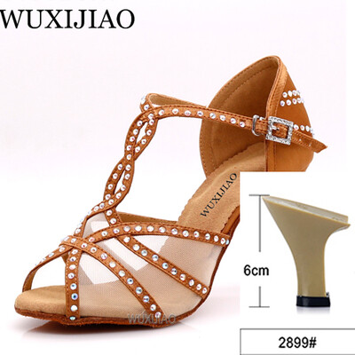WUXIJIAOLatīna deju apavi sieviešu vakariņu deju apavi bronzas ādas melna satīna siets spīdīgi rhinestones salsas kurpes augsti papēži 9 cm