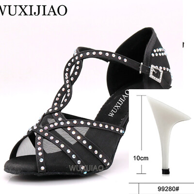 WUXIJIAOLatīna deju apavi sieviešu vakariņu deju apavi bronzas ādas melna satīna siets spīdīgi rhinestones salsas kurpes augsti papēži 9 cm