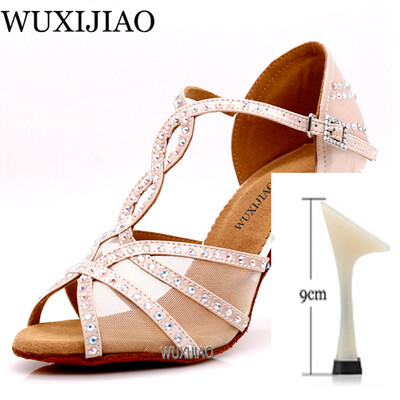 WUXIJIAOLatīna deju apavi sieviešu vakariņu deju apavi bronzas ādas melna satīna siets spīdīgi rhinestones salsas kurpes augsti papēži 9 cm