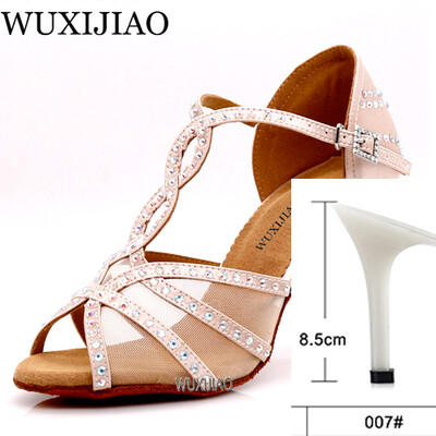 WUXIJIAOLatīna deju apavi sieviešu vakariņu deju apavi bronzas ādas melna satīna siets spīdīgi rhinestones salsas kurpes augsti papēži 9 cm