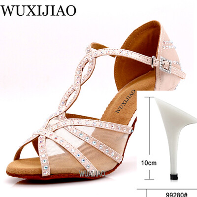 WUXIJIAOLatīna deju apavi sieviešu vakariņu deju apavi bronzas ādas melna satīna siets spīdīgi rhinestones salsas kurpes augsti papēži 9 cm