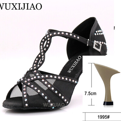WUXIJIAOLatīna deju apavi sieviešu vakariņu deju apavi bronzas ādas melna satīna siets spīdīgi rhinestones salsas kurpes augsti papēži 9 cm