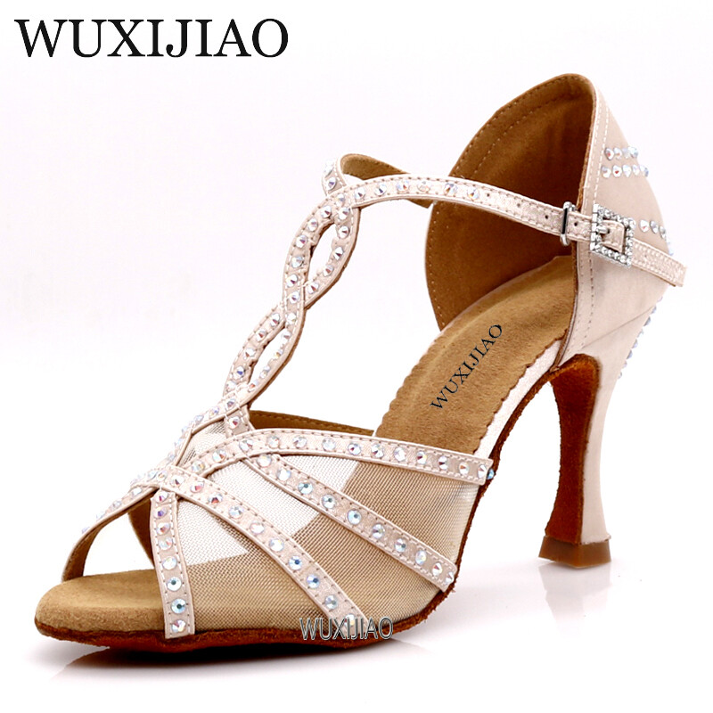 WUXIJIAOLλατινικά παπούτσια χορού γυναικεία παπούτσια χορού βραδινού χάλκινο δέρμα μαύρο σατέν πλέγμα γυαλιστερά στρας salsa παπούτσια ψηλοτάκουνα 9 cm