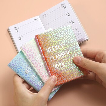 Laser 2025 A7 English Notebook Efficiency Plan English Leather Pocket Calendar 2025 Colorful Schedule Planner Notepad Stationery