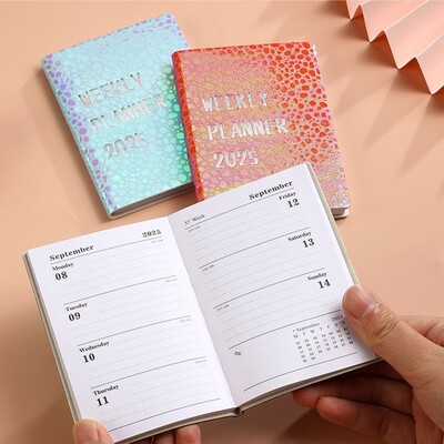 Laser 2025 A7 English Notebook Efficiency Plan English Leather Pocket Calendar 2025 Colorful Schedule Planner Notepad Stationery