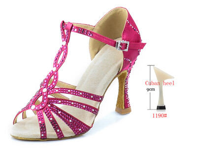 WUXIJIAO Latīņamerikas deju apavi sievietēm, jauni, fuksijas krāsas, satīna spīdīgi, rhinestone, kubiešu augstpapēžu kurpes 9 cm salsas deju apavi