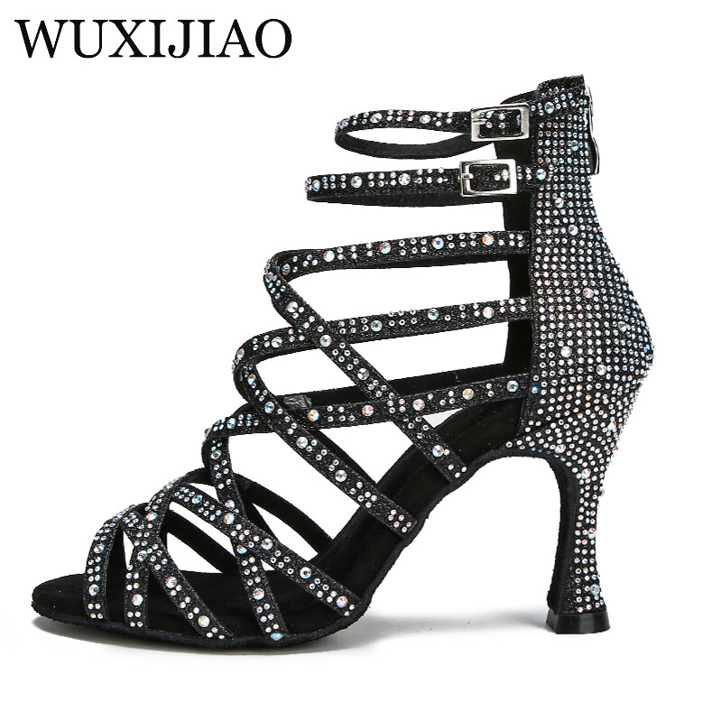 WUXIJIAO Cipele za latino ples Zlatno Srebrne Crne Cipele za plesne dvorane Platforma Nove široke četvrtaste cipele za zabave Ženske visoke pete