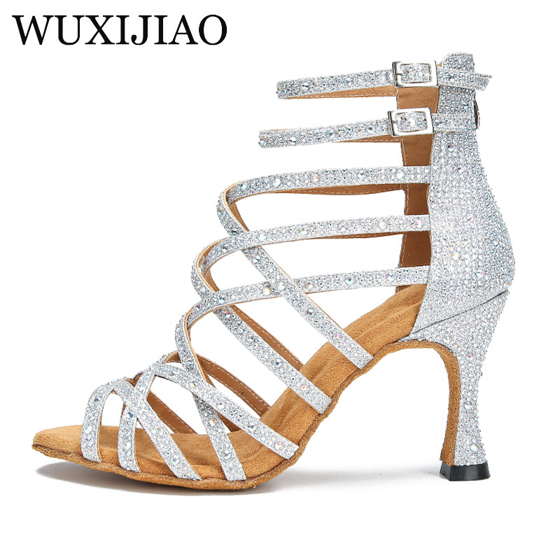 WUXIJIAO Cipele za latino ples Zlatno Srebrne Crne Cipele za plesne dvorane Platforma Nove široke četvrtaste cipele za zabave Ženske visoke pete