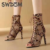 SWDZM Sieviešu leoparda īsi zābaki meitenēm Latin Tango Jazz Pole Dance Sexy Mesh deju apavi Sieviešu meiteņu augstpapēžu sandales
