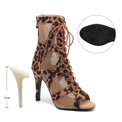 SWDZM Sieviešu leoparda īsi zābaki meitenēm Latin Tango Jazz Pole Dance Sexy Mesh deju apavi Sieviešu meiteņu augstpapēžu sandales