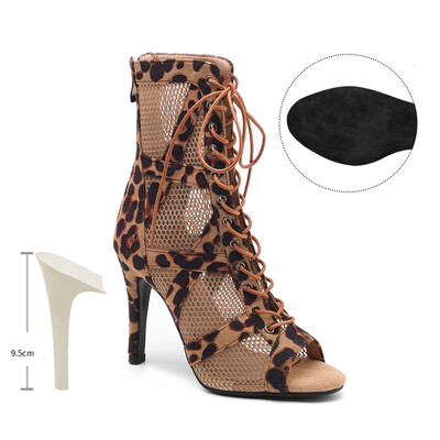 SWDZM Sieviešu leoparda īsi zābaki meitenēm Latin Tango Jazz Pole Dance Sexy Mesh deju apavi Sieviešu meiteņu augstpapēžu sandales