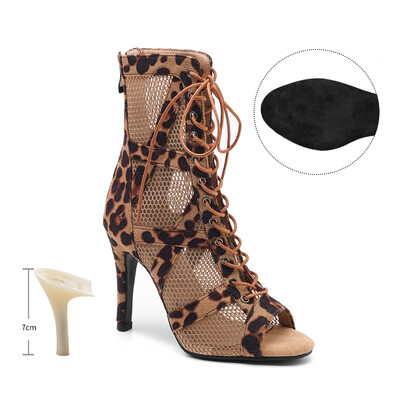 SWDZM Sieviešu leoparda īsi zābaki meitenēm Latin Tango Jazz Pole Dance Sexy Mesh deju apavi Sieviešu meiteņu augstpapēžu sandales