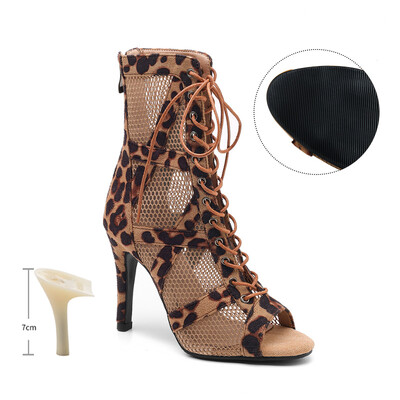 SWDZM Sieviešu leoparda īsi zābaki meitenēm Latin Tango Jazz Pole Dance Sexy Mesh deju apavi Sieviešu meiteņu augstpapēžu sandales