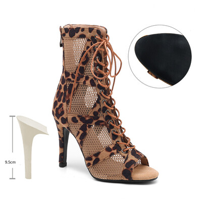 SWDZM Sieviešu leoparda īsi zābaki meitenēm Latin Tango Jazz Pole Dance Sexy Mesh deju apavi Sieviešu meiteņu augstpapēžu sandales