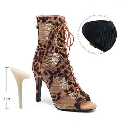 SWDZM Sieviešu leoparda īsi zābaki meitenēm Latin Tango Jazz Pole Dance Sexy Mesh deju apavi Sieviešu meiteņu augstpapēžu sandales