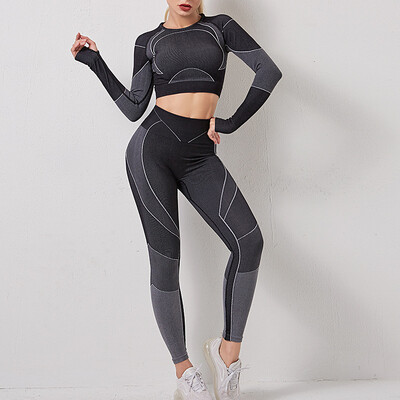CXUEY bezšuvju jogas komplekti Sieviešu sporta apģērbi treniņiem Sporta apģērbi sievietēm ar garām piedurknēm Crop Top legingi fitnesam Red Blue S