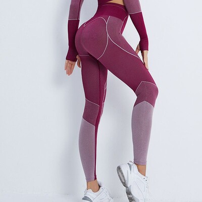 CXUEY bezšuvju jogas komplekti Sieviešu sporta apģērbi treniņiem Sporta apģērbi sievietēm ar garām piedurknēm Crop Top legingi fitnesam Red Blue S