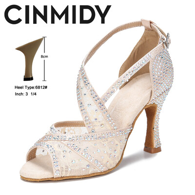 CINMIDY sarkanās zoles latīņu deju apavi sievietēm Tango balles deju apavi Kubas papēža Rhinestone kāzu apavi Sieviešu sandales
