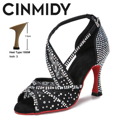 CINMIDY sarkanās zoles latīņu deju apavi sievietēm Tango balles deju apavi Kubas papēža Rhinestone kāzu apavi Sieviešu sandales