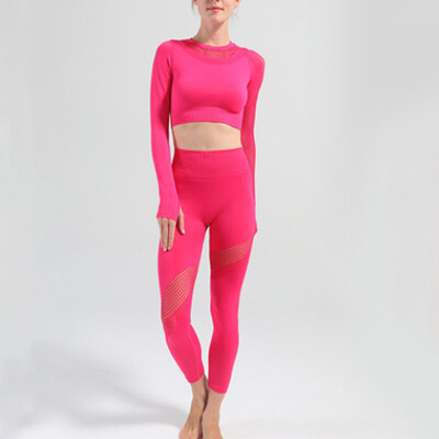 Hollow Out Seamless Jogas Komplekts 2gab Sporta tērpi Sieviešu aktīvi valkāšanai ar garām piedurknēm Crop Tops Legingi Treniņa zāle Fitnesa sporta tērps
