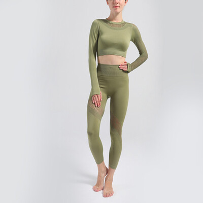 Hollow Out Seamless Jogas Komplekts 2gab Sporta tērpi Sieviešu aktīvi valkāšanai ar garām piedurknēm Crop Tops Legingi Treniņa zāle Fitnesa sporta tērps