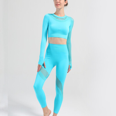 Hollow Out Seamless Jogas Komplekts 2gab Sporta tērpi Sieviešu aktīvi valkāšanai ar garām piedurknēm Crop Tops Legingi Treniņa zāle Fitnesa sporta tērps