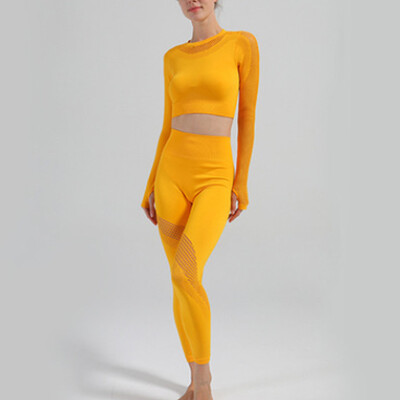 Hollow Out Seamless Jogas Komplekts 2gab Sporta tērpi Sieviešu aktīvi valkāšanai ar garām piedurknēm Crop Tops Legingi Treniņa zāle Fitnesa sporta tērps