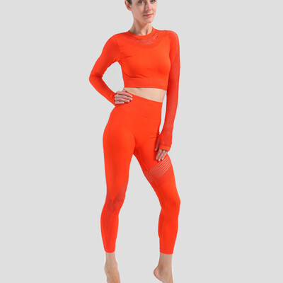 Hollow Out Seamless Jogas Komplekts 2gab Sporta tērpi Sieviešu aktīvi valkāšanai ar garām piedurknēm Crop Tops Legingi Treniņa zāle Fitnesa sporta tērps