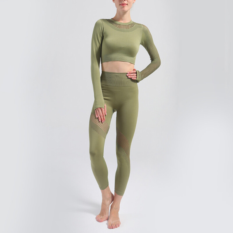 Σετ γιόγκα χωρίς ραφές Hollow Out 2 τμχ Αθλητικά ρούχα Γυναικεία ενεργά ρούχα Μακρυμάνικα Crop Tops Κολάν γυμναστικής γυμναστικής Αθλητική στολή