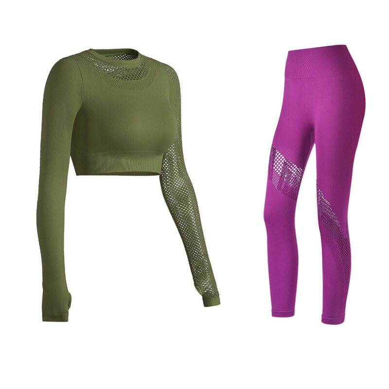 Σετ γιόγκα χωρίς ραφές Hollow Out 2 τμχ Αθλητικά ρούχα Γυναικεία ενεργά ρούχα Μακρυμάνικα Crop Tops Κολάν γυμναστικής γυμναστικής Αθλητική στολή