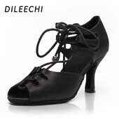 DILEECHI Black Satin Latīņamerikas deju apavi Sieviešu balles deju apavi plati/ šauri pēdu salsa augstpapēžu mīksta ārējā zole, koriģēts platums