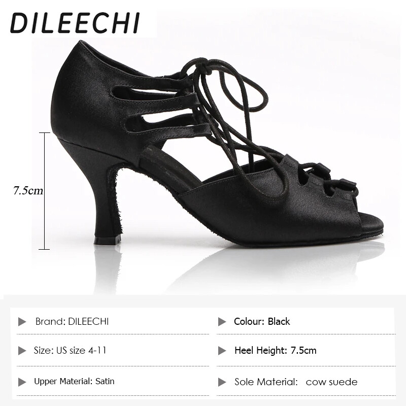 DILEECHI Μαύρα σατέν λάτιν παπούτσια χορού Γυναικεία παπούτσια χορού με φαρδιά/ στενά πόδια Salsa Ψηλοτάκουνα μαλακή εξωτερική σόλα με ρύθμιση πλάτους