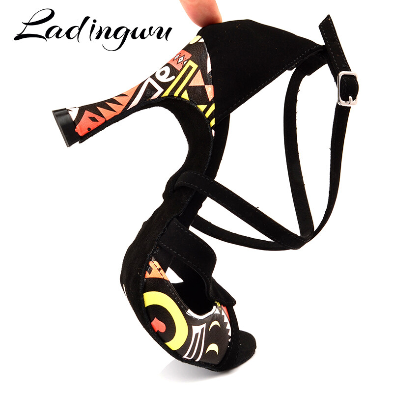 Ladingwu cipele za latino ples za žene crni flanel i narančasti afrički print cipele za salsu ženske plesne sandale za ples