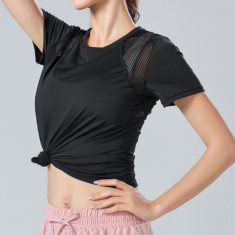 PofyBofy sieta šuves atstarojoša sloksne aizmugurē Ātri žūstoša elastīga elpojoša pamata jogas krekls ar īsām piedurknēm sieviešu sporta zālei fitnesa tops