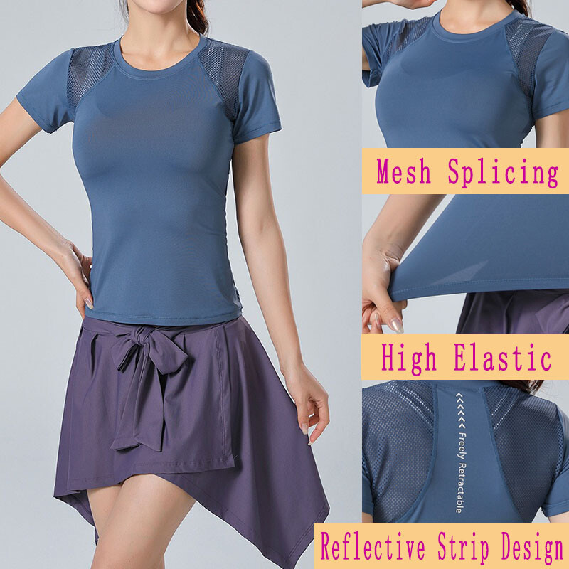 PofyBofy sieta šuves atstarojoša sloksne aizmugurē Ātri žūstoša elastīga elpojoša pamata jogas krekls ar īsām piedurknēm sieviešu sporta zālei fitnesa tops