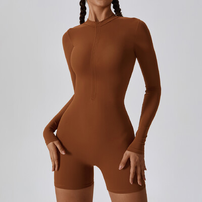 Rāvējslēdzējs ar garām piedurknēm Jogas Apģērbi Sporta Apģērbi Sieviešu Kombinezons Sporta zāle Push Up Treniņa Apģērbi Fitness Sports Stretch Bodysuit Jogas Komplekts