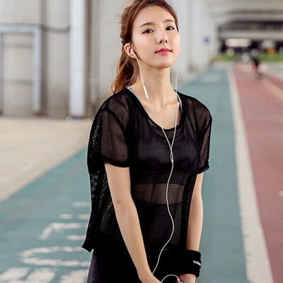 Moterų jogos tuščiaviduriai tinkliniai marškinėliai, sportiniai, kvėpuojantys greitai išdžiūsta, bėgimo treniruoklių salė, treniruoklių salė