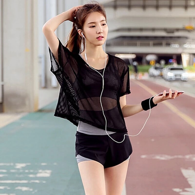 Moterų jogos tuščiaviduriai tinkliniai marškinėliai, sportiniai, kvėpuojantys greitai išdžiūsta, bėgimo treniruoklių salė, treniruoklių salė
