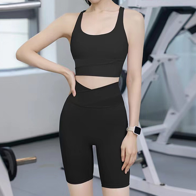 Divdaļīgi komplekti Sieviešu treniņu komplekts Kontrastējošas Krāsas Fitnesa Apģērbs Apgriezti šorti Sporta zāle Sporta jogas komplekts Legingi