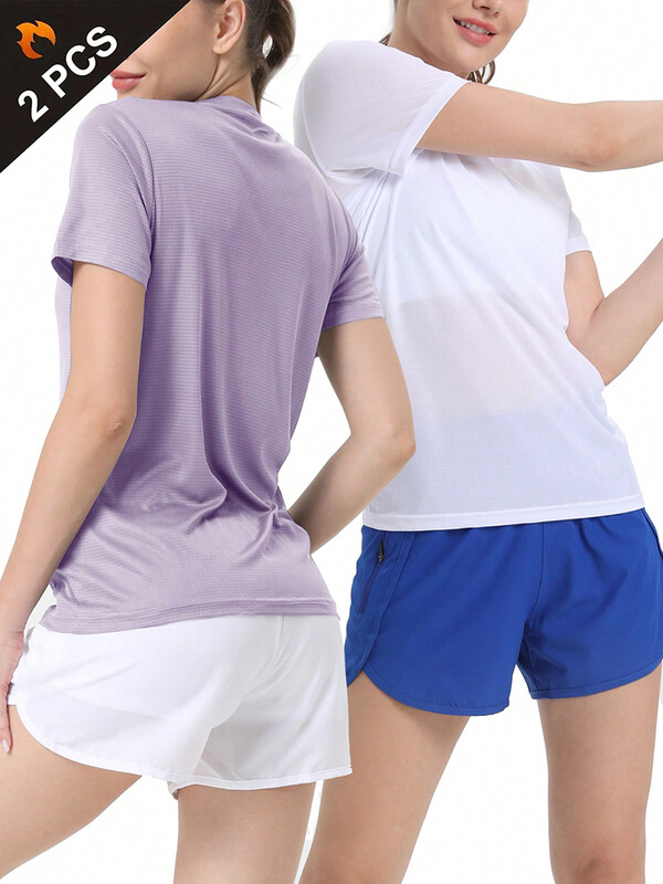 2 gab sieviešu vienkrāsains īpaši viegls ātri nožūstošs sporta T-krekls, elpojošs viegls tops fitnesa treniņiem, treniņiem, skriešanas zālei