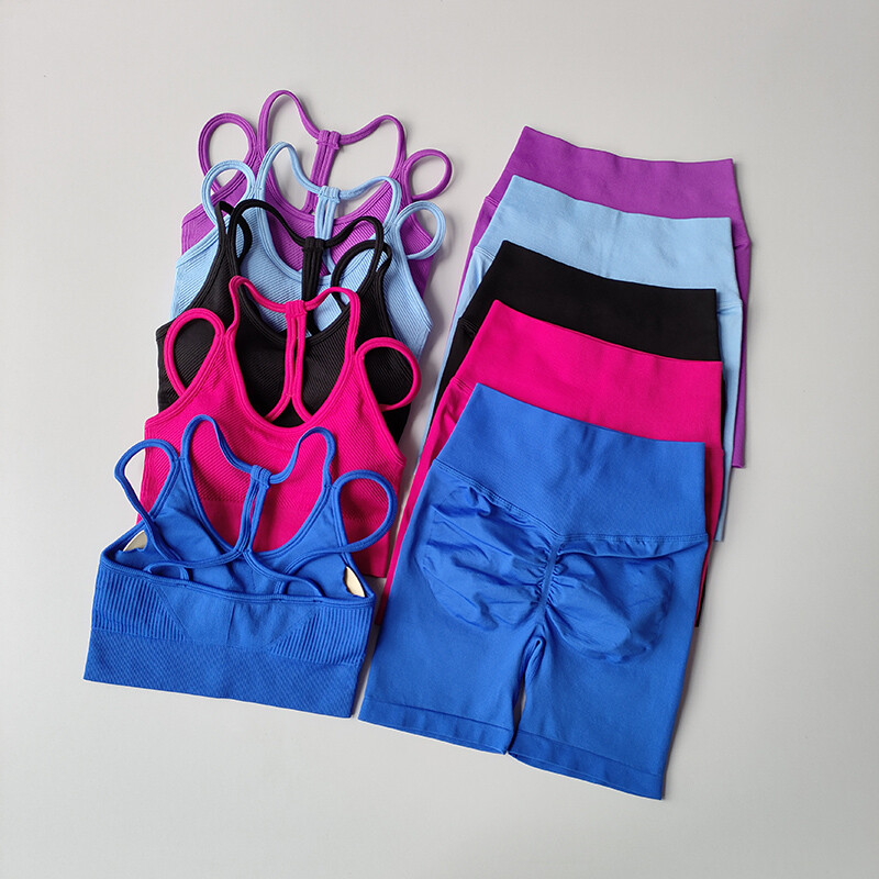 2GB bezšuvju sieviešu jogas komplekts vingrošanas sporta apģērbs sporta krūšturis un šorti ar augstu vidukli, fitnesa treniņu uzvalks, paceļams, īss, šaurs uzvalks