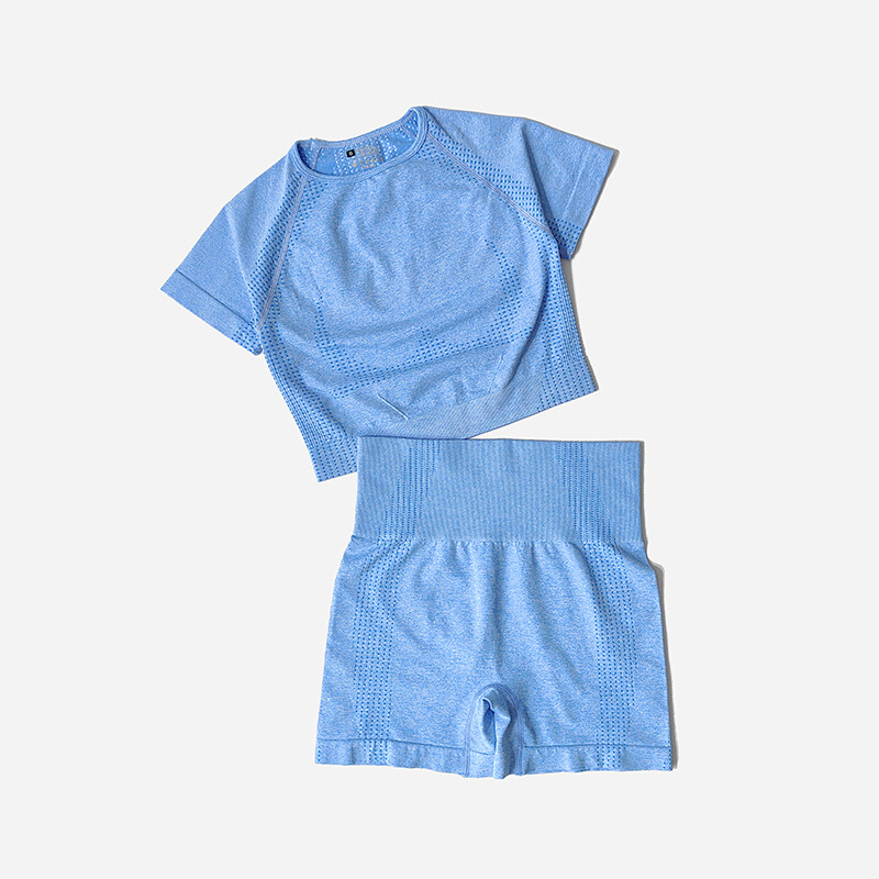 Bezšuvju sieviešu jogas komplekts Crop Top krekls ar īsām piedurknēm Fitnesa šorti treniņu apģērbi sievietēm sporta zāles apģērbi jogas sporta komplekts