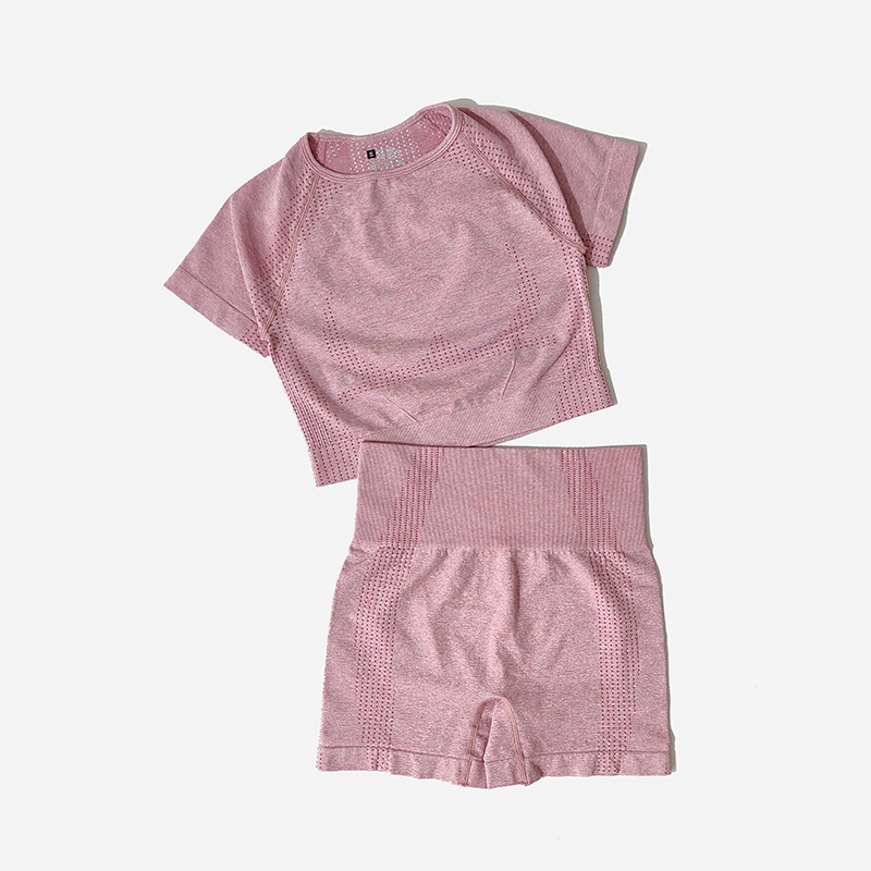 Bezšuvju sieviešu jogas komplekts Crop Top krekls ar īsām piedurknēm Fitnesa šorti treniņu apģērbi sievietēm sporta zāles apģērbi jogas sporta komplekts