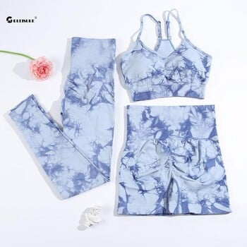 CHRLEISURE 2/3PCS Tie Dye Комплект за йога Безшевен спортен костюм за жени Еластичен спортен екип за фитнес Спортно облекло за бягане на открито