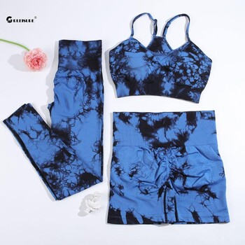 CHRLEISURE 2/3PCS Tie Dye Комплект за йога Безшевен спортен костюм за жени Еластичен спортен екип за фитнес Спортно облекло за бягане на открито