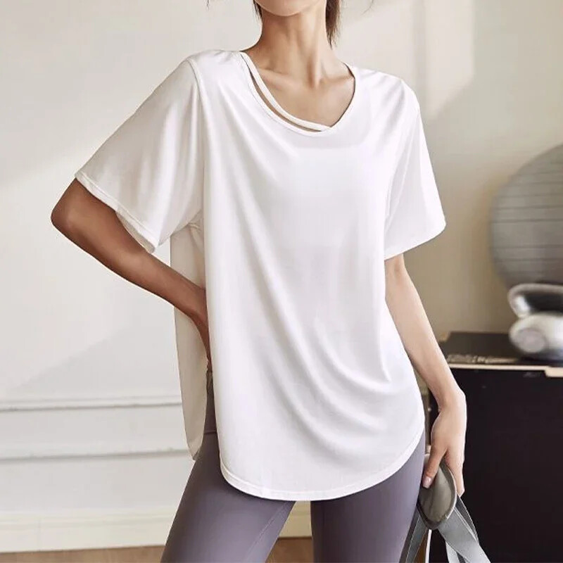 Aiithuug sānu šķēluma jogas topi ar slīpu siksnu sieviešu elpojošs t-paids, viegls, mitrums novadošs Pilates sporta zāles pārklājums