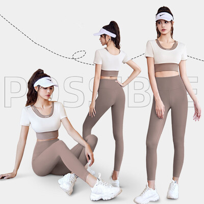 Őszi Elastic Fitness Sport 2 részes szett varrat nélküli jóga öltöny női rövid ujjú Crop Top edzőtermi futó leggings edzés sportruházat