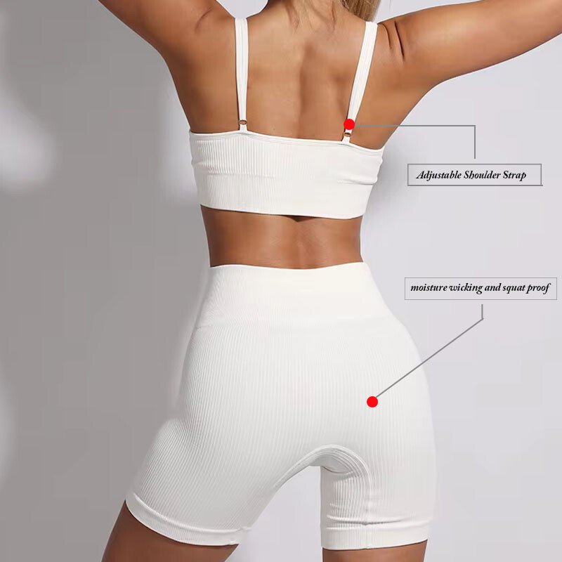 Sieviešu treniņtērps balts rievotas jogas komplekti šorti bezšuvju sporta tērpi fitnesa apģērbam treniņam apģērbi sporta zāle sporta apģērbs sievietēm