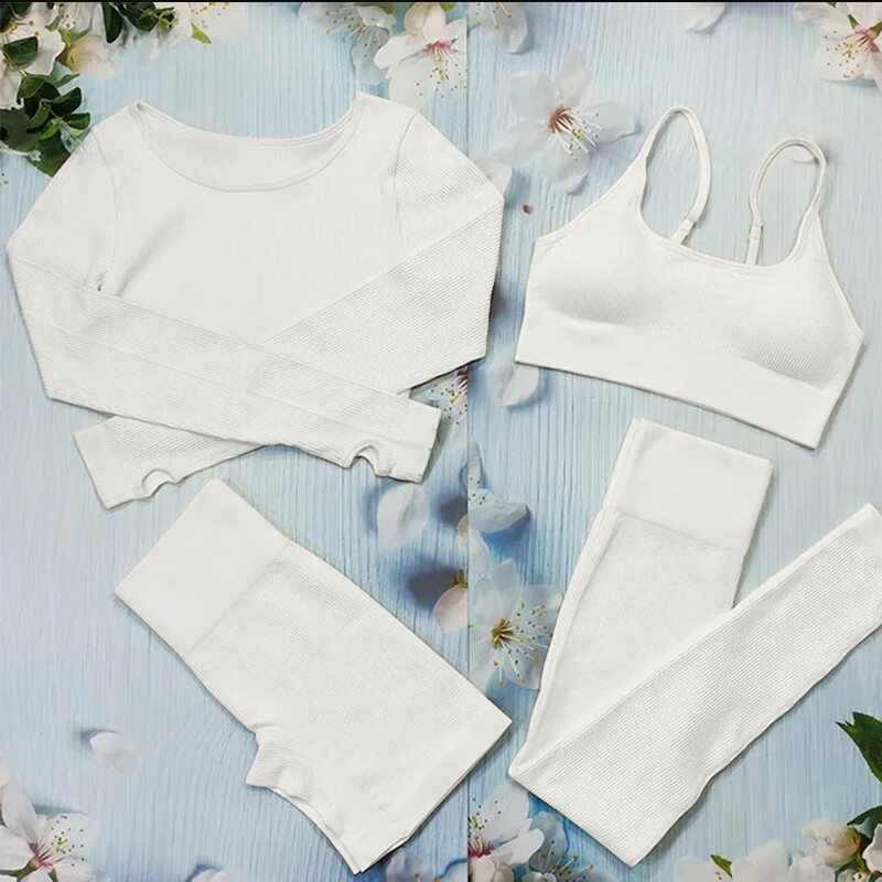 Sieviešu treniņtērps balts rievotas jogas komplekti šorti bezšuvju sporta tērpi fitnesa apģērbam treniņam apģērbi sporta zāle sporta apģērbs sievietēm