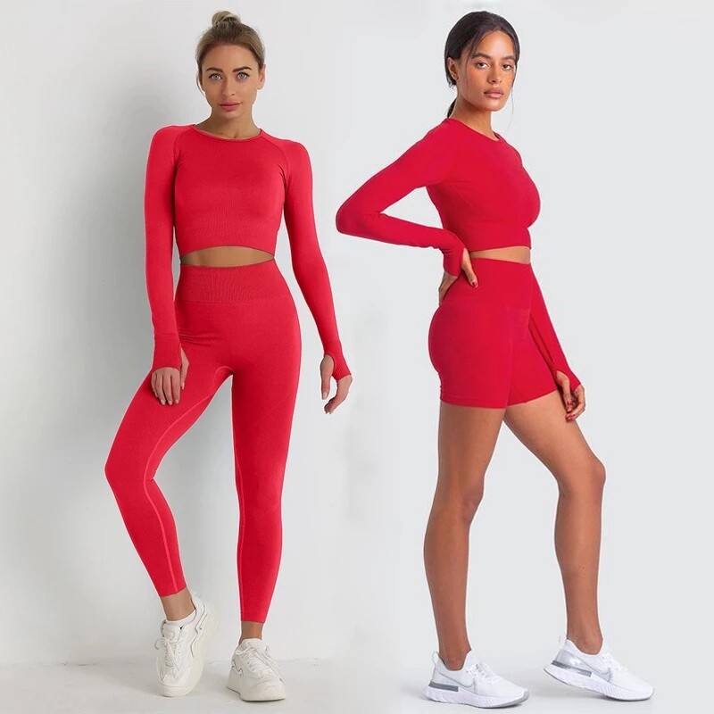 Energy Seamless Jogas Komplekts Sporta Apģērbs Sievietēm Trenažieru Zāle Apģērbs Fitnesa Garām piedurknēm Crop Tops Augstas jostasvietas Legingi Skriešanas Sporta Apģērbs